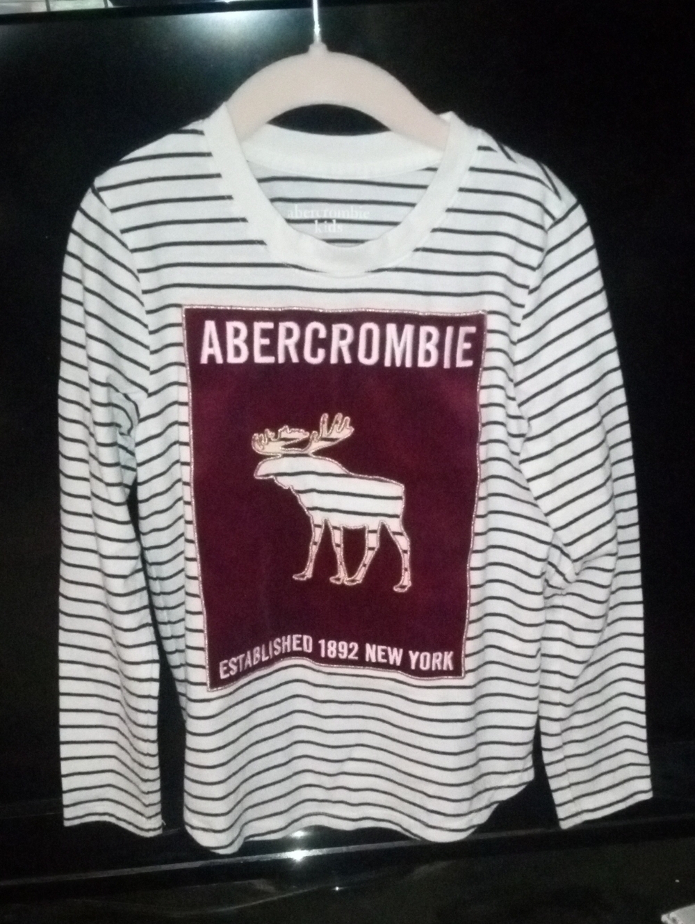 Abercrombie & Fitch White and Black Striped Kids Top with Burgundy Moose Patch